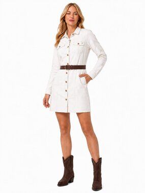 frye white denim dress Frye Shirt Dress Small White Denim Long Sleeve Button Down Collared Pockets